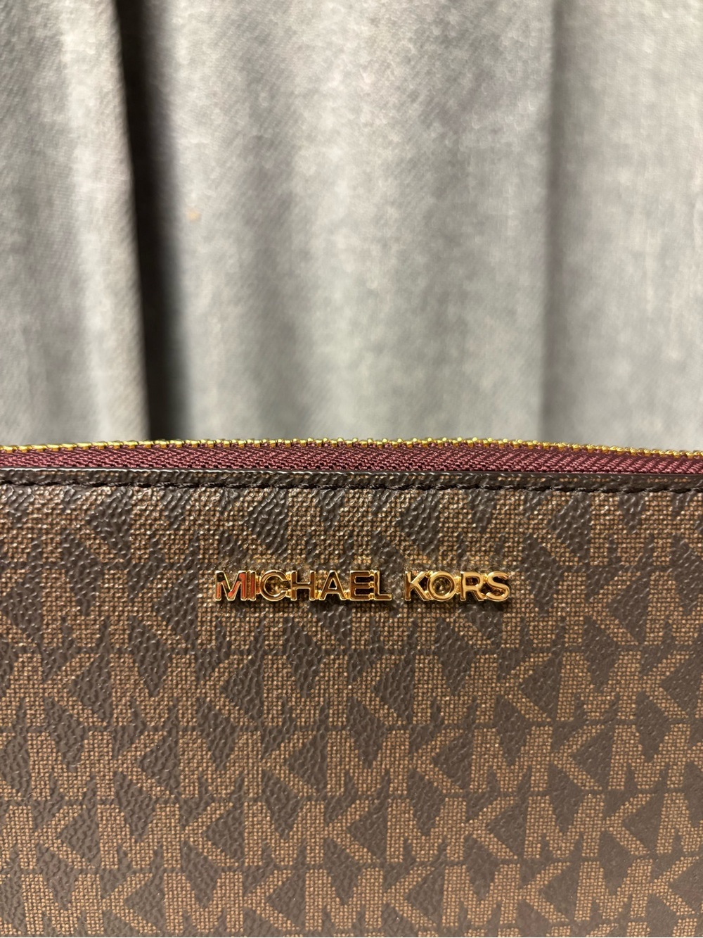 Michael Kors Brown Burgundy MK Signature Wristlet Clutch